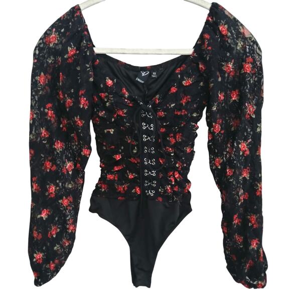 Y2K Whimsigoth XS body top lace Floral Officesiren Red/Blk Sheer Vamp/Goth - Picture 2 of 9